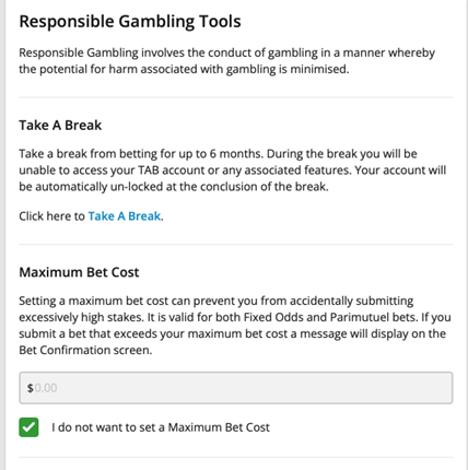 Screenshot of tab.com.au 'Responsible Gambling Tools' page.