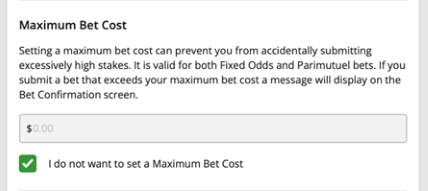 Screenshot of 'Maximum Bet Cost' section of 'Responsible Gambling Tools' screen at tab.com.au