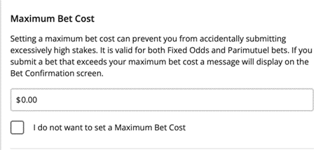 Screenshot of 'Maximum Bet Cost' section of 'Responsible Gambling Tools' screen at tab.com.au.