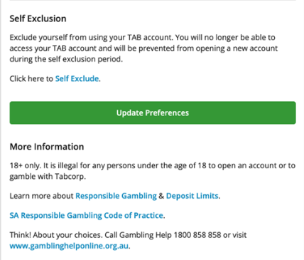 Screenshot of tab.com.au 'Responsible Gambling Tools' screen.