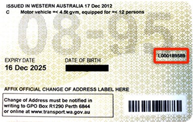 Back of Western Australian driver's licence.