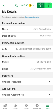 Screenshot of the 'My Details' page within the TAB app.