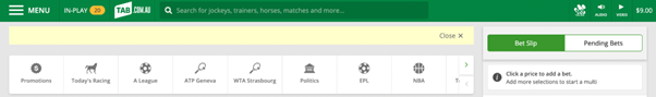Screenshot of the top of the TAB website with account balance in top-right corner.
