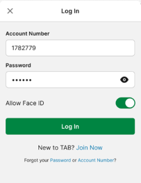 Screenshot of TAB app login screen with 'Face ID' enabled.