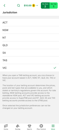 Screenshot of the 'Regulatory Jurisdiction' screen within the TAB app.