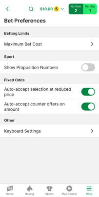 Screenshot of the 'Bet Preferences' screen within the TAB app.