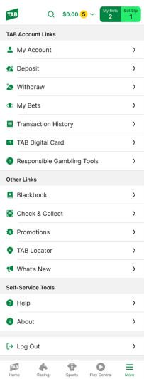 Screenshot of the 'More' menu within the TAB app.