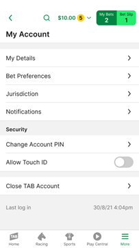 Screenshot of the 'My Account' screen in the TAB app with Touch ID not enabled.