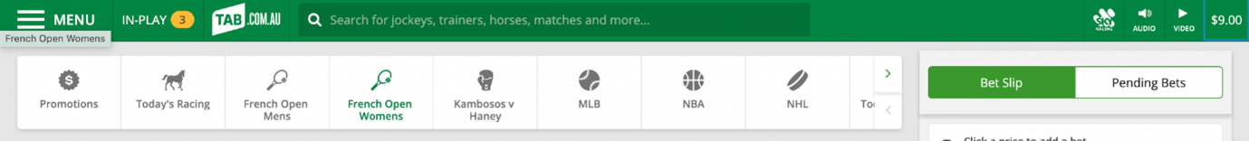 Screenshot of top of tab.com.au, account balance is in top-right corner.