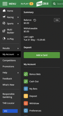Screenshot of 'My Account' section of tab.com.au. 'Withdrawable' balance is under account balance.