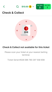 Screenshot of 'Check and Collect not available for this ticket' notification.