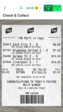 Example of TAB retail ticket being scanned by phone camera.