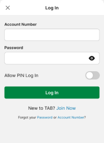 Screenshot of TAB app login screen.