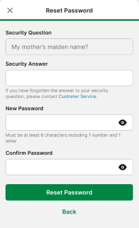 Screenshot of 'Security Question' and 'New Password' steps on TAB app 'Reset Password' screen.