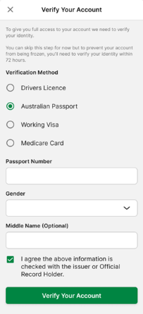 Screenshot of TAB app 'Verify Account' screen with 'Australian Passport' option selected.