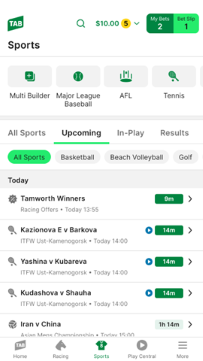 Screenshot of the 'Upcoming' matches TAB accessed from the 'Quick Links' menu on the 'Sports' screen within the TAB app.