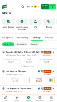Screenshot of the 'In Play' matches TAB accessed from the 'Quick Links' menu on the 'Sports' screen within the TAB app.