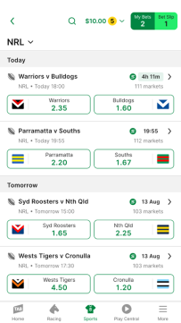 Screenshot of the NRL competition page.
