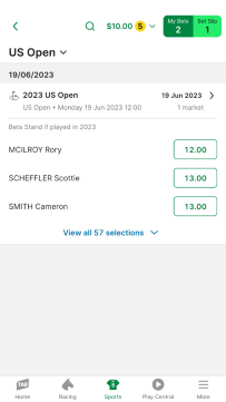 Screenshot of the US Open competition page.