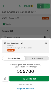 Screenshot of access to in-play betting within the TAB app.