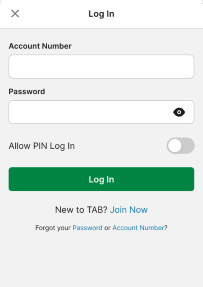 Screenshot of TAB app login screen with 'Allow PIN Log In' option.