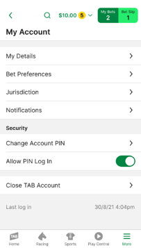 Screenshot of the 'My Account' screen within the TAB app. 'Allow PIN Log In' is turned on.