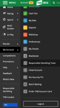 Screenshot of expanded 'My Account' menu at tab.com.au.
