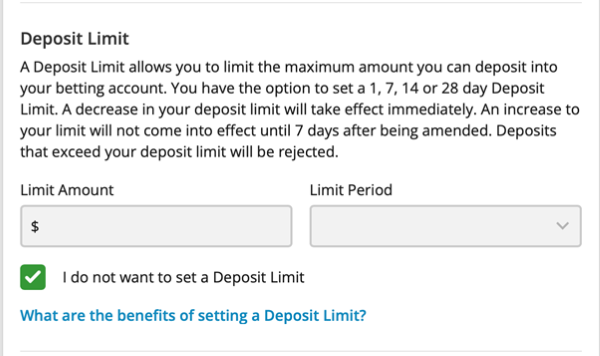 Screenshot of the 'Deposit Limit' section of the 'Responsible Gambling Tools' screen at tab.com.au.