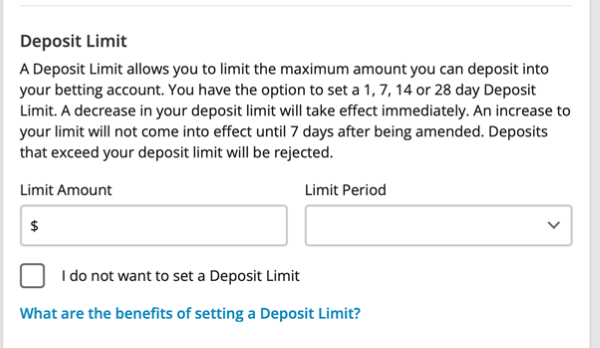 Screenshot of the 'Deposit Limit' section of the 'Responsible Gambling Tools' screen at tab.com.au.
