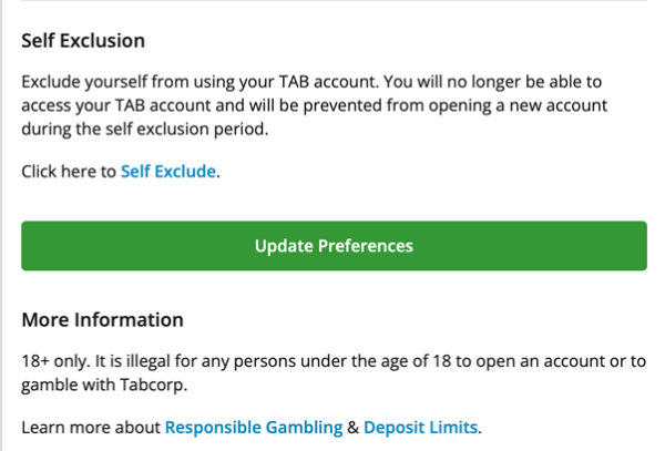Screenshot of the tab.com.au 'Responsible Gambling Tools' screen.