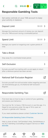 Screenshot of TAB app 'Responsible Gambling Tools' screen.