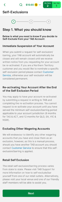 Screenshot of TAB app 'Self-exclusion' screen.
