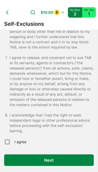 Screenshot of TAB app 'Self-exclusion' screen.