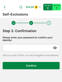 Screenshot of the TAB app 'Self-exclusion' screen.