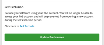 Screenshot of 'Self-exclusion' section of tab.com.au 'Responsible Gambling Tools' screen.