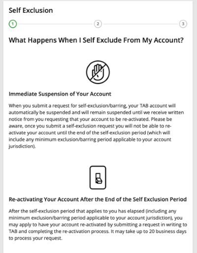 Screenshot of tab.com.au 'Self-exclusion' screen.