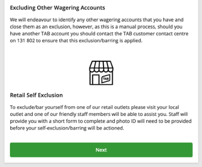 Screenshot of tab.com.au 'Self-exclusion' screen.
