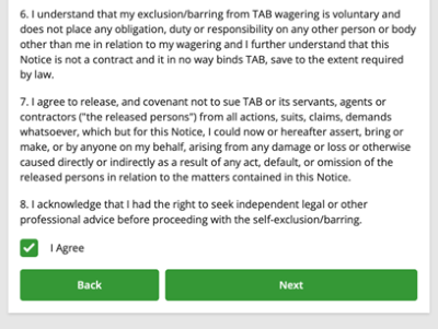 Screenshot of tab.com.au 'Self-exclusion' screen.