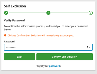 Screenshot of tab.com.au 'Self-exclusion' screen.