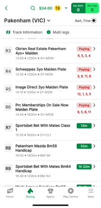Screenshot of TAB app race meeting page.