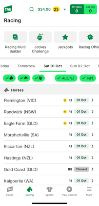 Screenshot of TAB app 'Racing' homescreen.