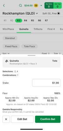 Screenshot of TAB app 'Confirm Bet' screen.