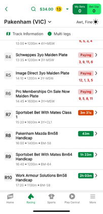 Screenshot of TAB app race meeting page.