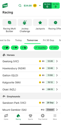 Screenshot of TAB app racing homepage.