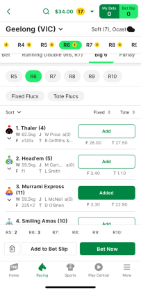 Screenshot of TAB app race page with 'Big 6' selected as the bet type and example selections made.