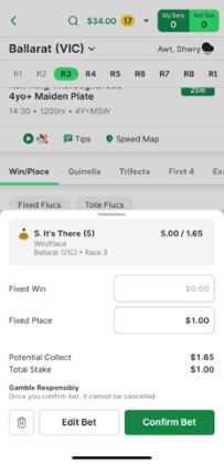 Screenshot of TAB app 'Confirm Bet' screen with example 'Place' bet.