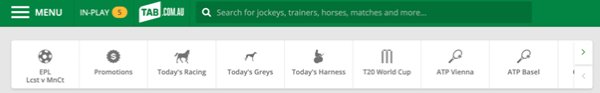Screenshot of 'quick links' menu at top of tab.com,au screen.