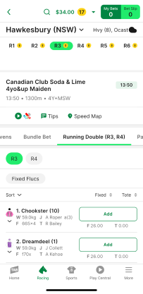 Screenshot of TAB app race page with 'Running Double' selected as the bet type.