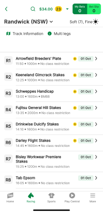 Screenshot of TAB app race meeting page.