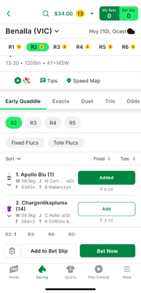 Screenshot of TAB app race page with 'Early Quaddie' selected as the bet type and example 'Early Quaddie' selection